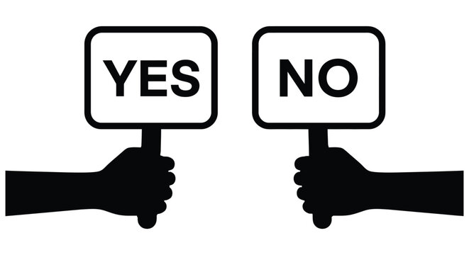 hands holding yes and no signs silhouette black white contrast decision choice binary options vote poll