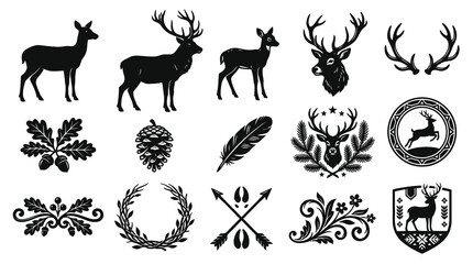 Naklejka premium Deer and Hunting Black Silhouette Vector Icons Set: Stag, Fawn, Antlers, Forest Nature Elements