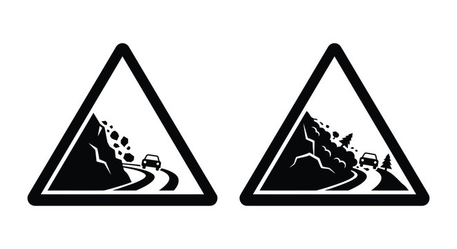 triangle road warning signs silhouette landslide rockfall hazard black white vector graphic symbol caution danger mountain