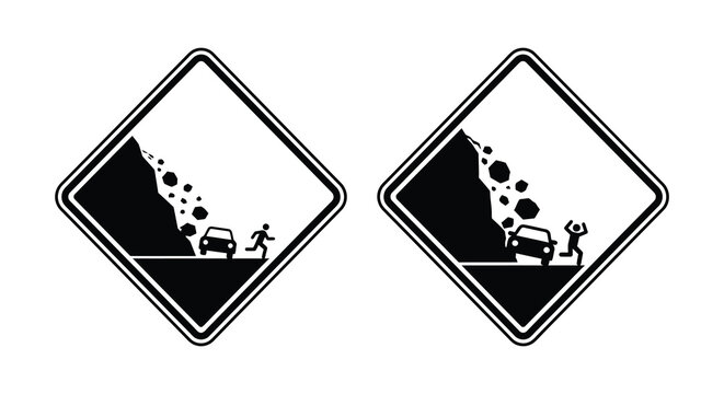 landslide and hazard warning signs silhouette black white road danger caution accident disaster emergency safety traffic