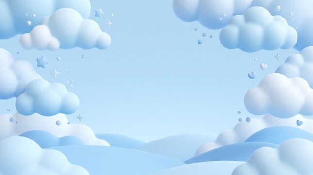 Surreal pastel-blue sky scene with fluffy clouds and twinkling stars amidst soft, rolling hills