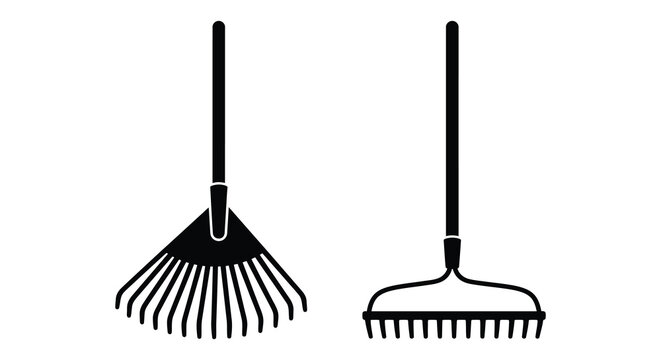 two garden rakes shown as black silhouettes on white background rake gardening tool silhouette simple design