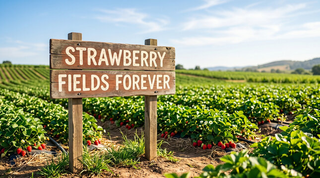 Strawberry fields forever sign in a lush green strawberry field  