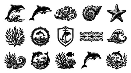 Obraz premium Black and White Marine Life Nautical Vector Icons Set. Ocean Animals, Waves, Starfish, Seashells, Coral, Anchor Illustrations.