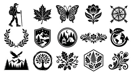 Fototapeta premium Nature, Outdoor Adventure, and Ecology Icons Set - Black White Solid Vector Silhouettes