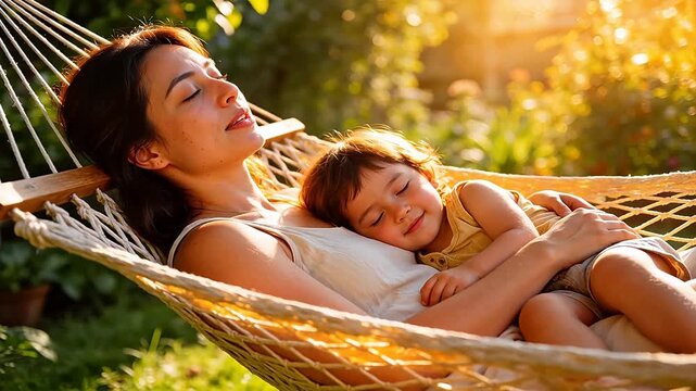Woman and child resting in hammock