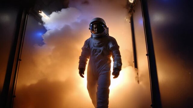 An astronaut emerges into a fiery backdrop, representing the moment of embarking on a monumental journey towards exploration and discovery beyond Earth's atmosphere.