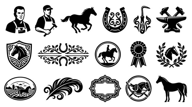Equestrian and Farrier Black  White Glyph Vector Icons Set with Horses, Horseshoes, Blacksmith Tools