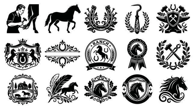 Equestrian Farriery Blacksmith Icons: Horses, Horseshoes  Tools. Black  White Glyph Vector Set.