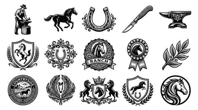 Vintage Engraved Black  White Illustrations Set: Equestrian Horses, Farrier Tools, Ranch Emblems  Badges