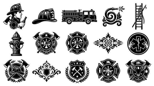 Vintage Black and White Firefighter and Emergency Services Icons Emblems Vector Set