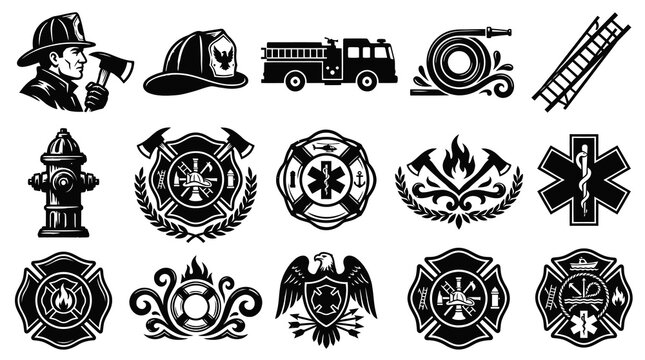 Firefighting  Emergency Services Black  White Line Art Vector Icons Set: Fireman, Truck, Axe, Star of Life