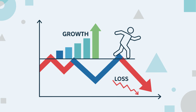 Conceptual business graph with a rising green arrow for growth and a falling red arrow for loss, featuring a person running on a line.