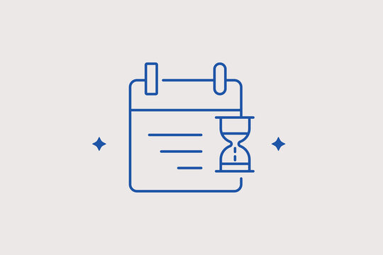 Wall calendar schedule sheet with traditional hourglass timer line icon for project deadline limits. Precise vector illustration for temporary tracking apps, appointments, or workflows.