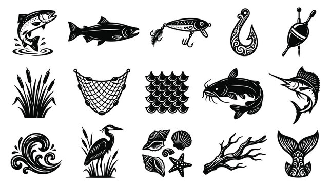 Black and White Fishing Icons: Fish, Lures, Net, Hook, Buoy, Nature Elements