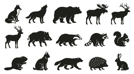 Fototapeta premium Black and White Silhouettes of Forest Animals, Vector Art