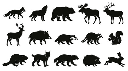 Obraz premium Forest Animals Silhouettes Vector Set. Nature and Wildlife Mammals Collection Icons.