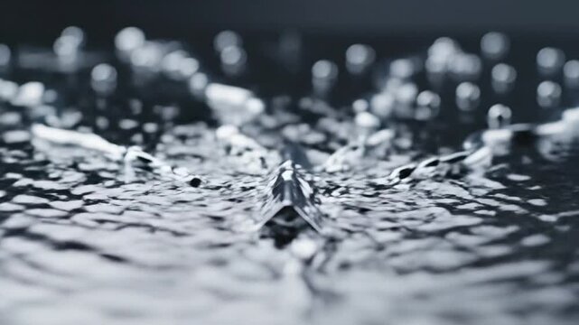 Macro shot of a clear viscous liquid pouring onto a sharp corner, splitting into two distinct streams on a dark reflective surface with high contrast lighting and ripples.