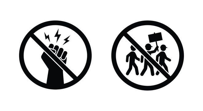 protest prohibition symbols in black and white silhouette fist lightning people signs strike action vector graphic