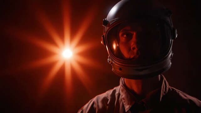 An astronaut stands in a dimly lit environment, illuminated by a bright star-like light, conveying a sense of exploration and mystery in a futuristic setting.