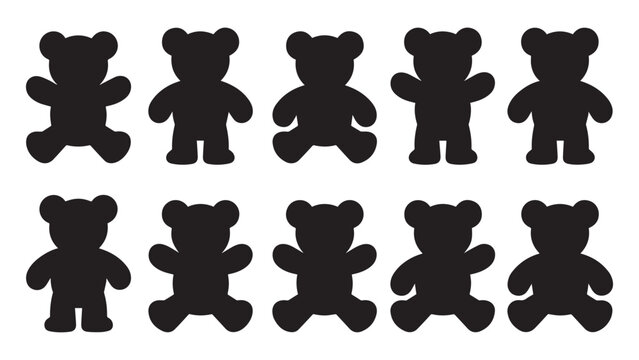 Cute teddy bear silhouette icon sheet with diverse, adorable toy shapes