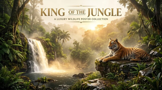 Majestic tiger resting on a rocky outcrop in a lush jungle with a waterfall in the background surrounded by dense greenery and sunlight filtering through trees.