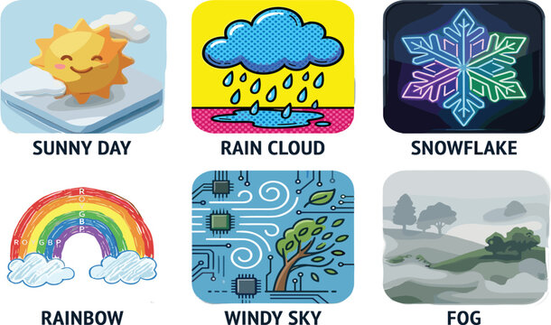 A collection of six distinct vector style illustration concepts depicting different weather conditions such as sunny rainy windy and collection of six distinct 