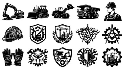 Obraz premium Construction Industry Icons: Heavy Machinery, Worker, Hard Hat, Tools, Blueprints - Black White Vector Art