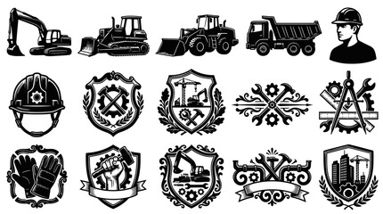 Obraz premium Construction Industry Black and White Icons: Machinery, Tools, Worker, Emblem