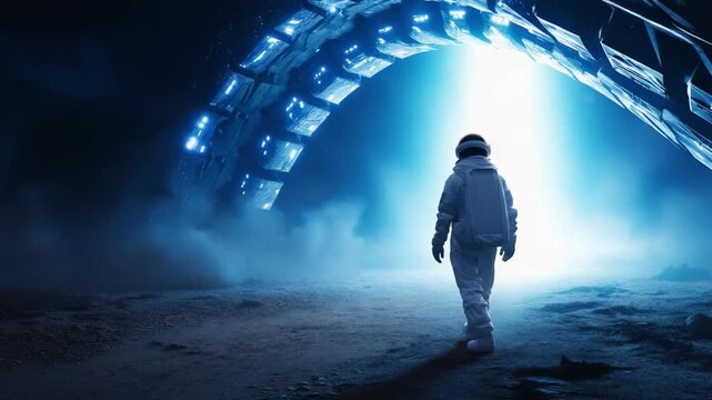 A solitary astronaut stands at the threshold of a mysterious portal, preparing to step into the unknown depths of space and uncover cosmic secrets ahead.