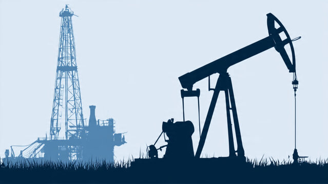 Silhouette of oil rig and pumpjack at sunset with clear sky and grassy landscape