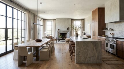 Naklejka premium Spacious modern kitchen with large windows, island, and dining area in sleek, minimalist design
