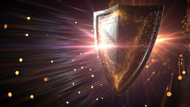 Sparkling golden particle shield emblem glowing brightly in dark cyberspace background
