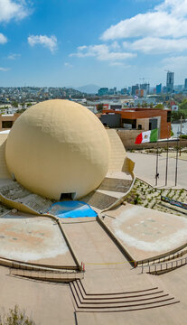 October 5, 2025. Tijuana, Mexico: An elevated aerial shot showcasing the iconic sandy brown spherical structure of the Tijuana Cultural Center, known as El Cecut, in Tijuana, Mexico.
