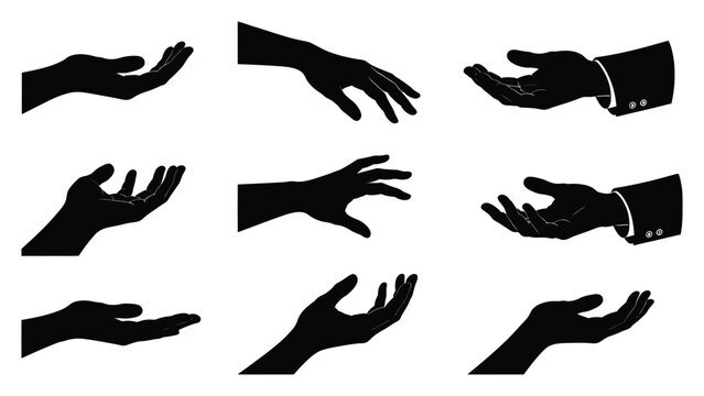 Silhouette hands in various gestures on white background