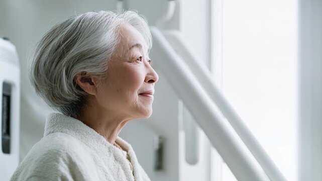 Senior Asian woman smiling beside window with stair lift in bright modern home