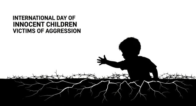 Black silhouette of lonely sad child sitting on cracked earth for international day of innocent children victims of aggression
