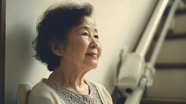 Smiling elderly Asian woman seated by stair lift in cozy warm home interior