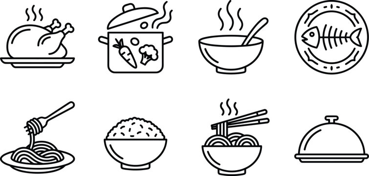 Cooking and Delicious Meal Line Icon Set Featuring Hot Soup Chicken Rice Noodles and Restaurant Cloche Vectors