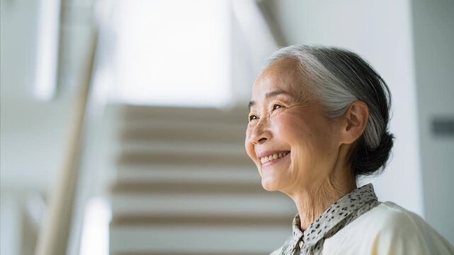 Cheerful elderly Asian woman smiling near bright staircase in warm welcoming home