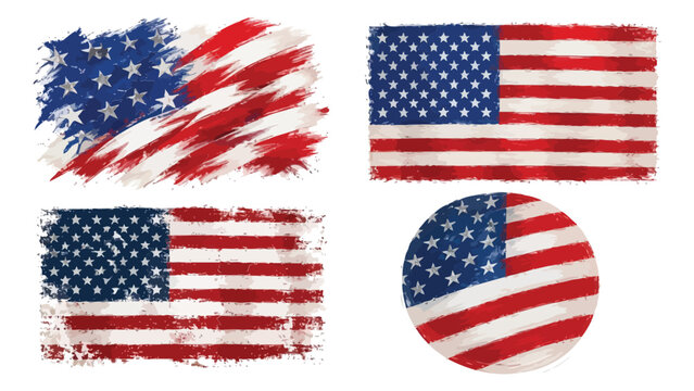 Set of american flag illustrations featuring artistic painted brushstroke textures and grunge styles