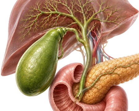 Human gallbladder and biliary tree system featuring realistic hepatobiliary structures, liver, bile ducts, pancreas, and duodenum, Clean white background.