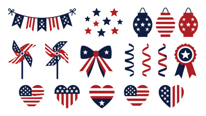 Obraz premium Patriotic independence day celebration elements set featuring stars stripes hearts and festive decorations