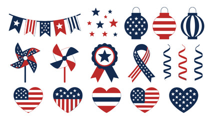 Fototapeta premium Patriotic independence day decorative elements collection featuring stars stripes hearts and festive ribbons