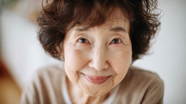 Charming elderly Asian woman smiling gently in warm intimate home portrait close up