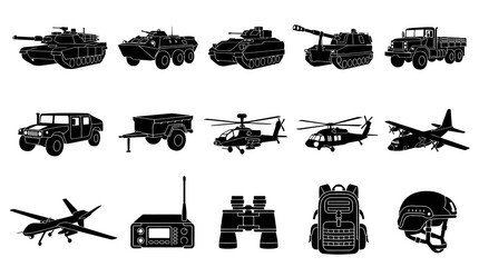 Obraz premium Black and White Glyph Icons of Military Vehicles and Equipment