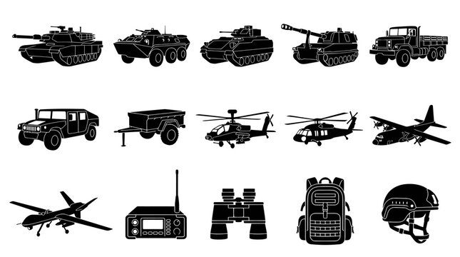 Black and White Glyph Icons of Military Vehicles and Equipment