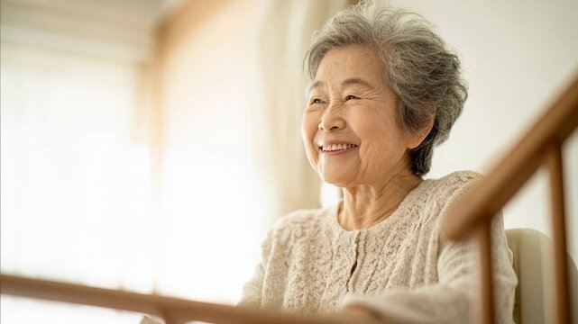Smiling senior Asian woman seated comfortably in bright cozy home daytime portrait