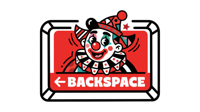 Funny Clown Face Peeking from Backspace Key, Digital Art, White Background