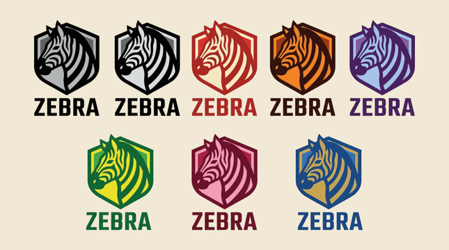 Eight zebra head shield logos in varied colors, bold branding identity, animal symbolism, vibrant palette variations, modern emblem design.